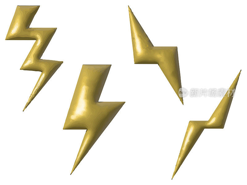Lightning, set illustration of radio waves, three-dimensional 3D gold metallic texture